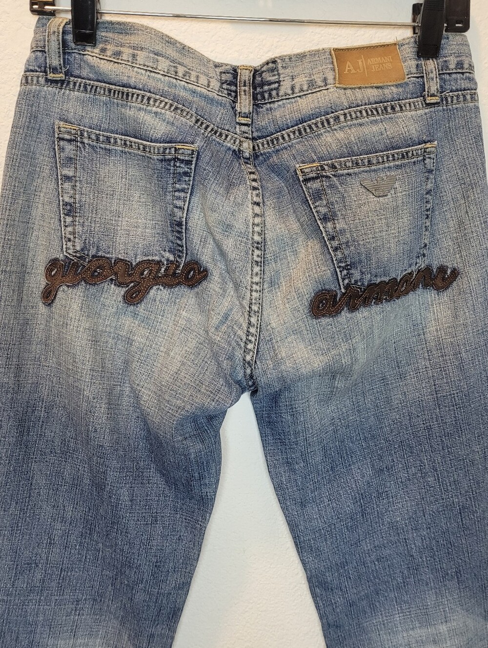 Vintage Armani Jeans Distressed Spellout Script Back Pocket Hemp Denim Sz 28 Y2K